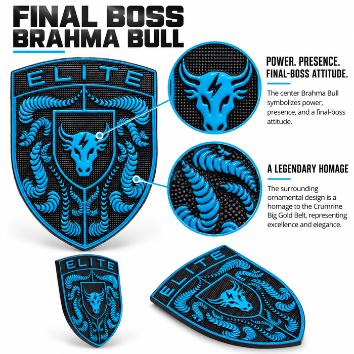 Blue and black Elite Brahma Bull Porsche shield patches shown in multiple views on a white background, with explanatory text about the design and bull motifs.