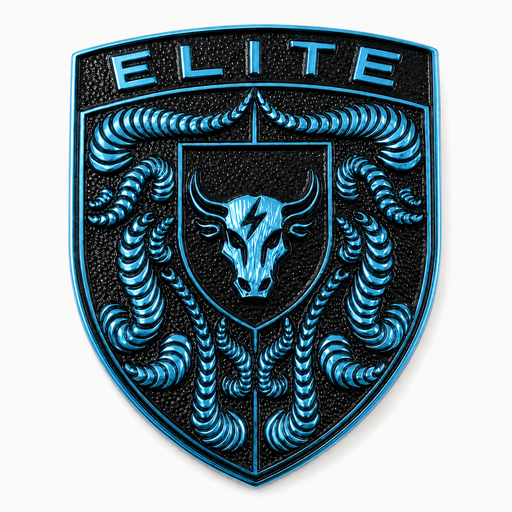 A shield-shaped metallic emblem with the word 'ELITE' at the top, featuring a blue bull head with a lightning bolt on a black textured background and blue swirling horn-like details on both sides, shown on a plain light background.