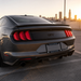 Rear three-quarter view of a dark gray Ford Mustang GT with a black rear spoiler and custom license plate reading 'RAIDER NATION', photographed outdoors on a sunlit road with a city skyline in the background.