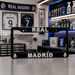Real Madrid license plate frame on a workbench with sports-themed decor in the background