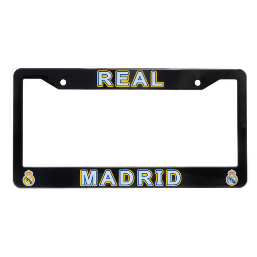 Black license plate frame with 'Real Madrid' text and logo on a white background