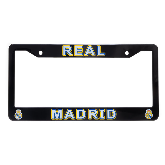 Black license plate frame with 'Real Madrid' text and logo on a white background