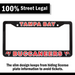A black license plate frame with Tampa Bay Buccaneers branding, featuring 'TAMPA BAY' and 'BUCCANEERS' in red letters with white outlines, plus small team logos in the corners. A black banner at the top reads '100% Street Legal' and text below explains the slim design keeps license plate information visible.