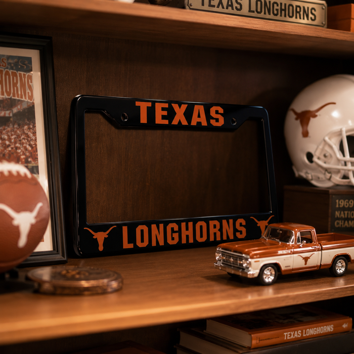 Texas Longhorns License Plate Frame | Black Burnt Orange Car Tag Cover