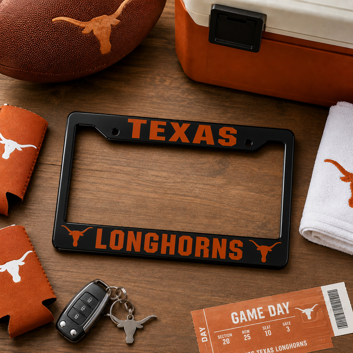 Texas Longhorns License Plate Frame | Black Burnt Orange Car Tag Cover
