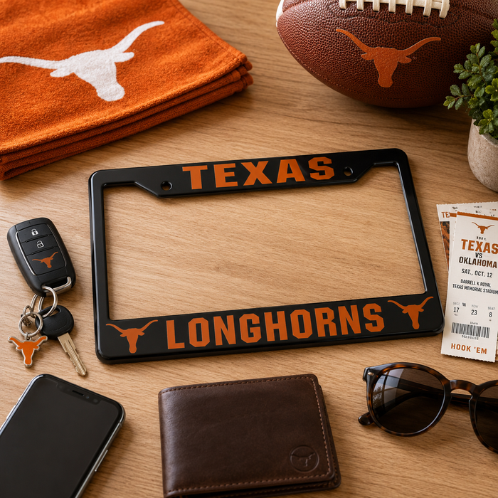 Texas Longhorns License Plate Frame | Black Burnt Orange Car Tag Cover