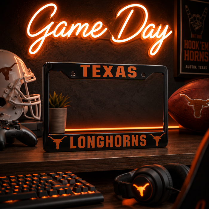 Texas Longhorns License Plate Frame | Black Burnt Orange Car Tag Cover