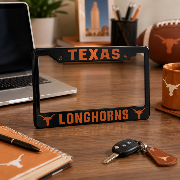 Texas Longhorns License Plate Frame | Black Burnt Orange Car Tag Cover