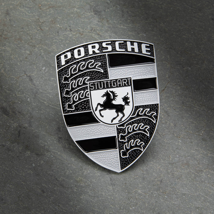 Porsche Black White & Gray Hood Emblem Crest Badge