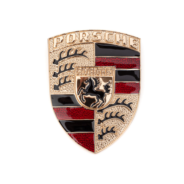 Gold & Red Metal Hood Crest For Porsche 911, 944, Cayenne, Turbo, Boxster