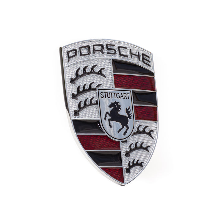 Silver & Red Metal Hood Crest For Porsche 911, 944, Cayenne, Turbo, Boxster