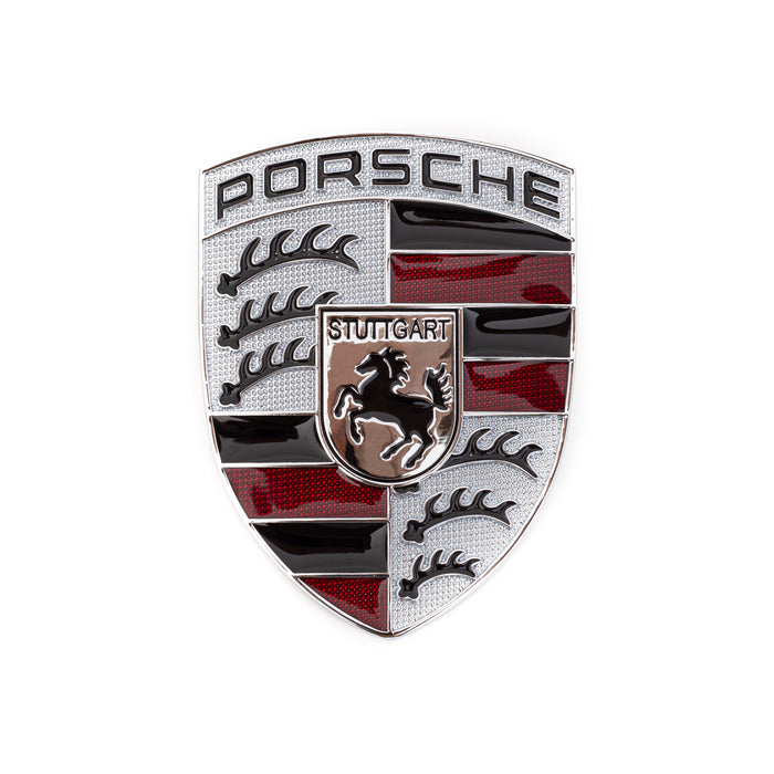 Silver & Red Metal Hood Crest For Porsche 911, 944, Cayenne, Turbo, Boxster
