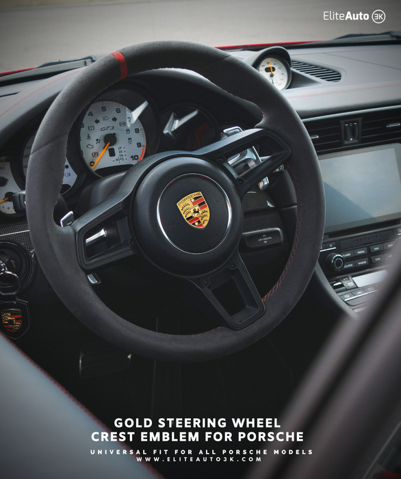 Gold Steering Wheel Crest Emblem For Porsche - (45mm x 32mm)
